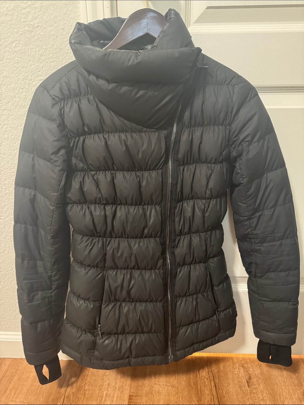 Athleta Black Quilted Puffer Jacket with High Funnel Collar